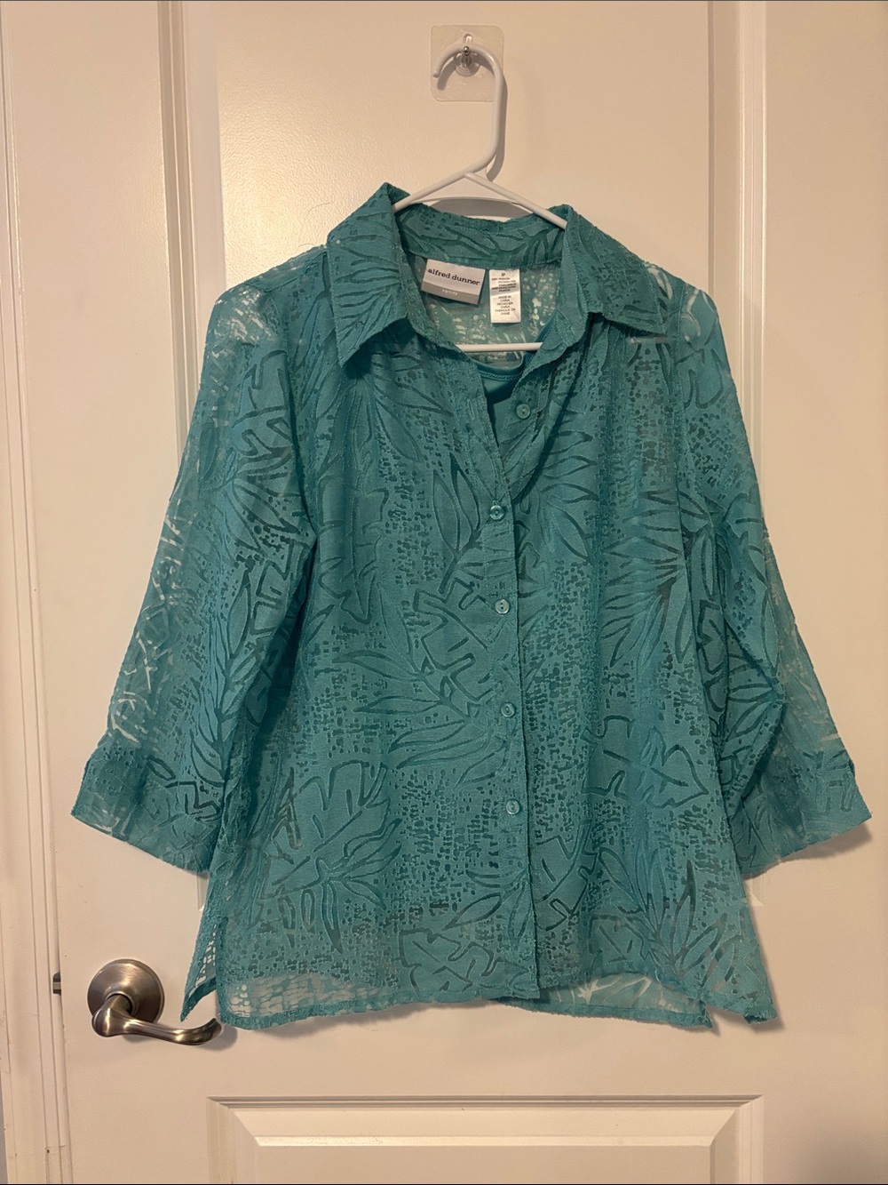 Alfred Dunner Teal Lead Lace Overlay Button-Down Blouse Shirt (size 8 petite)